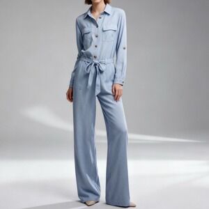 Soft Surroundings Kerry Linen Blend Jumpsuit Blue Coverall size 12